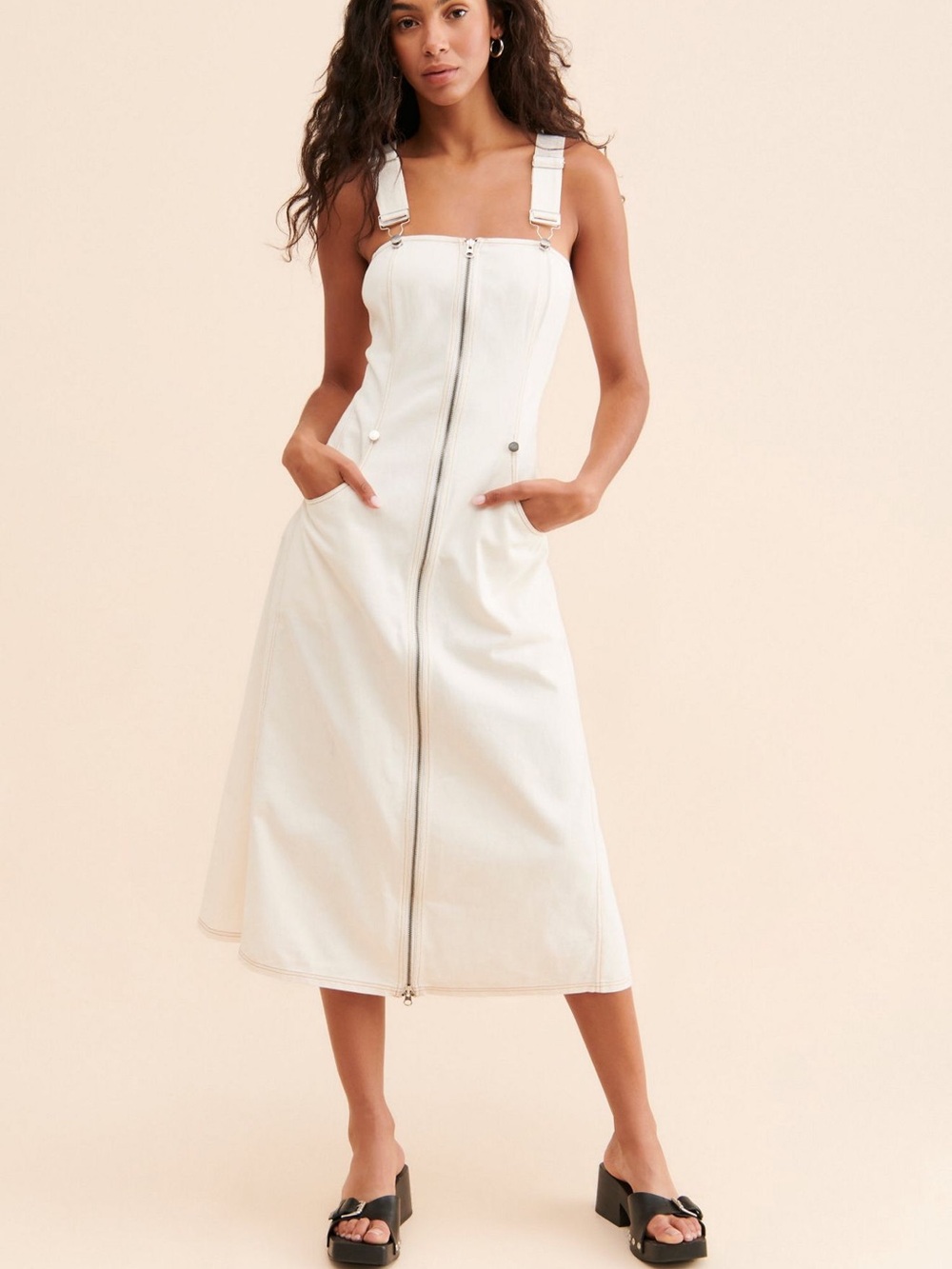 Anthropologie White Zip-Front Denim Pinafore Midi Dress M